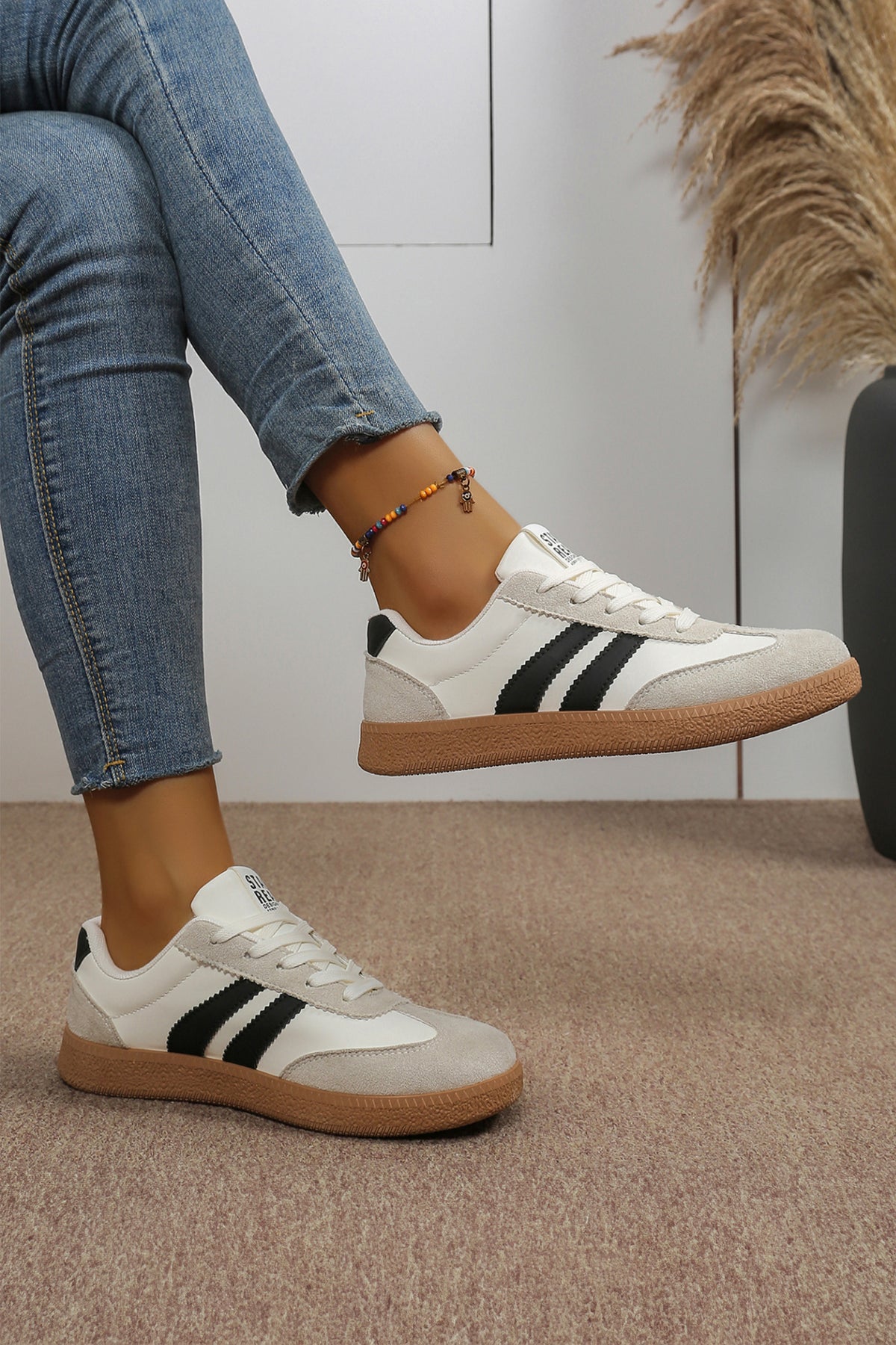 White Varsity Color Block Patchwork PU Leather Lace Up Shoes