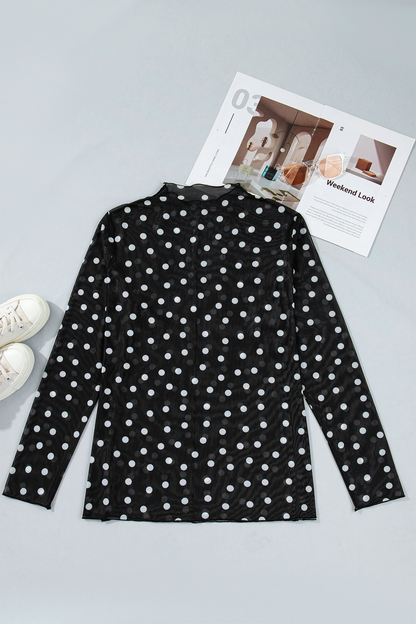 Black Plus Size Mock Neck Polka Dot Long Sleeve Mesh Top