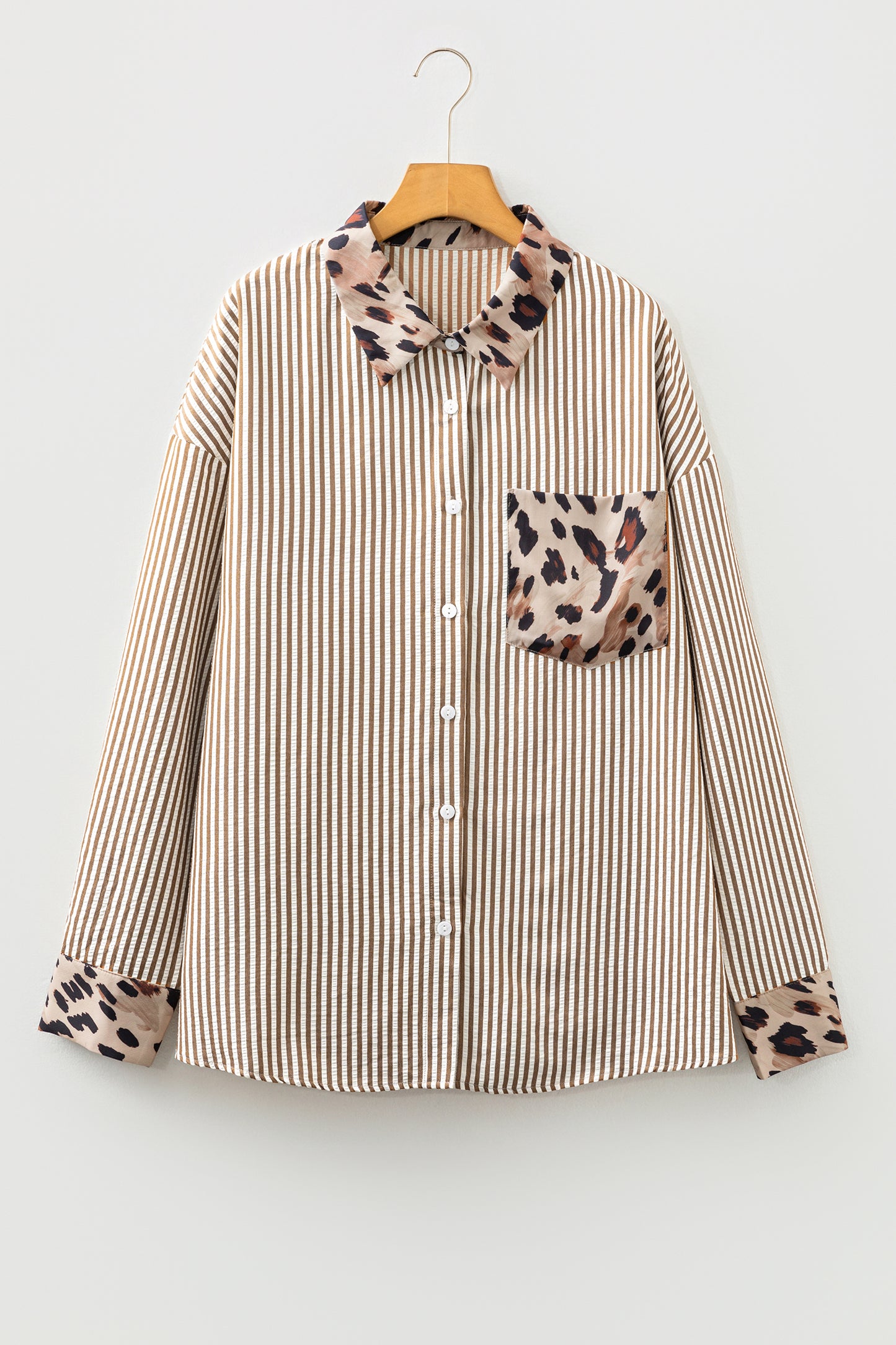 Brown Stripe Leopard Patched Collared Plus Size Shirt