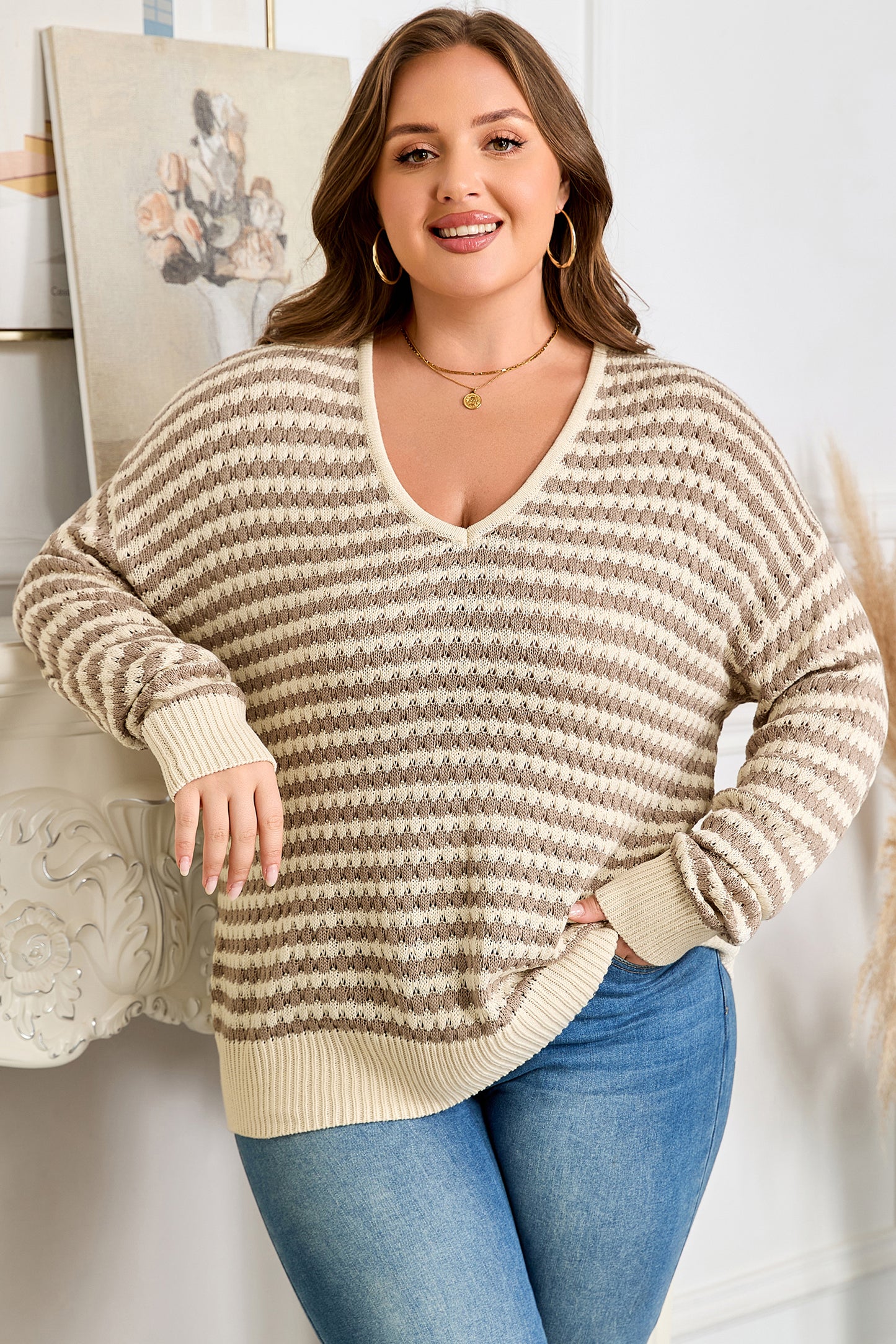 Khaki Stripe Plus Size Sweater