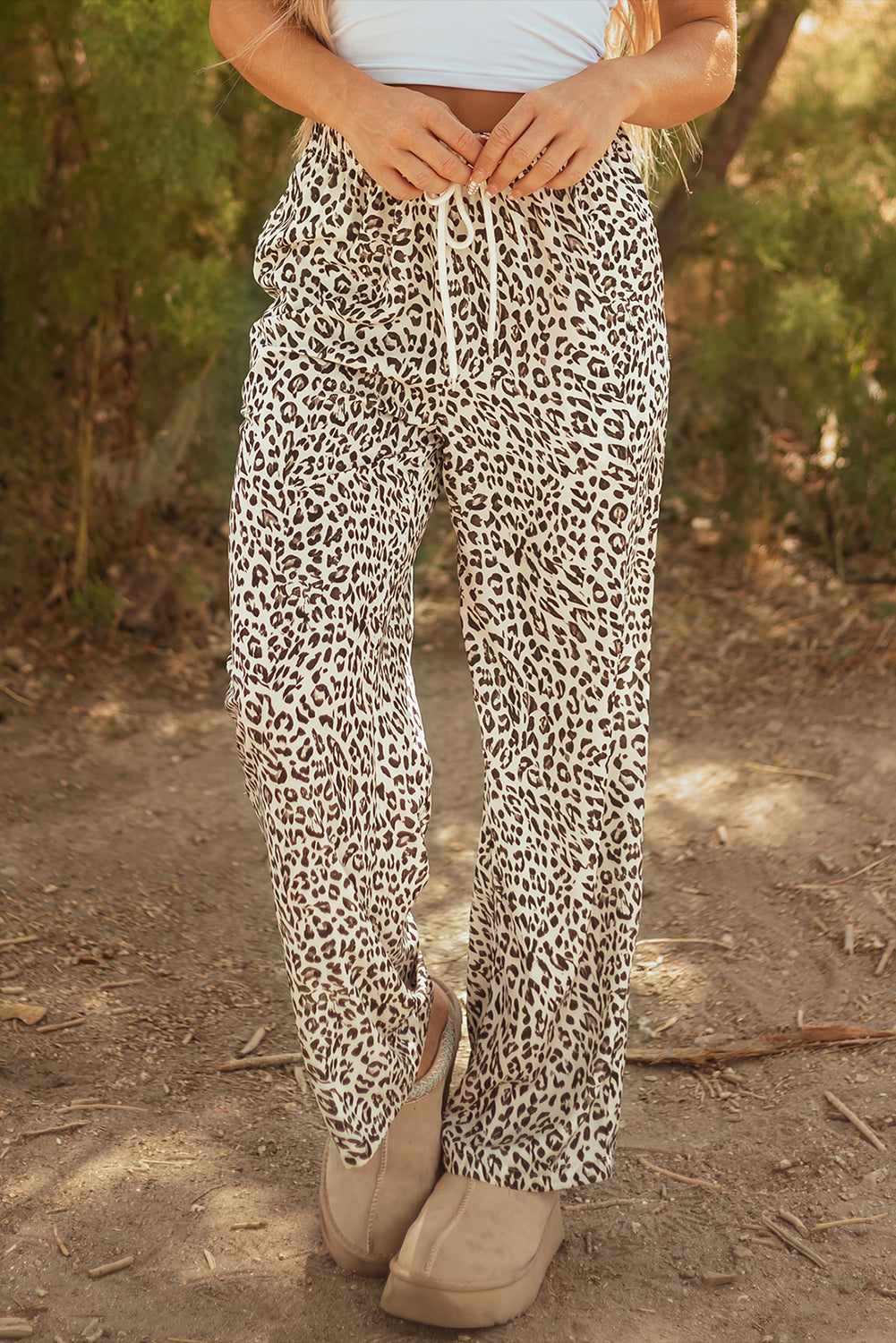 Brown Leopard Drawstring Pants
