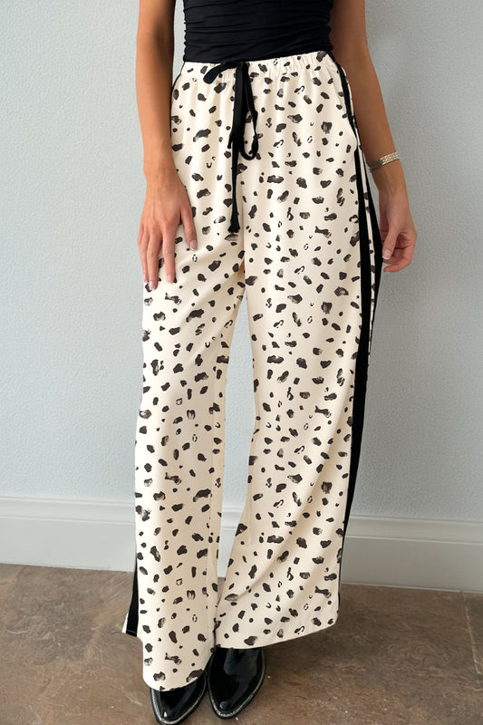 Beige Leopard Print Drawstring Pants