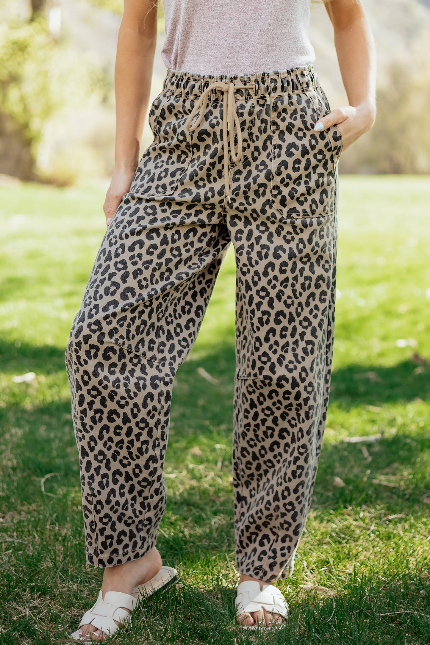 Leopard Print Drawstring Loose Denim Pants