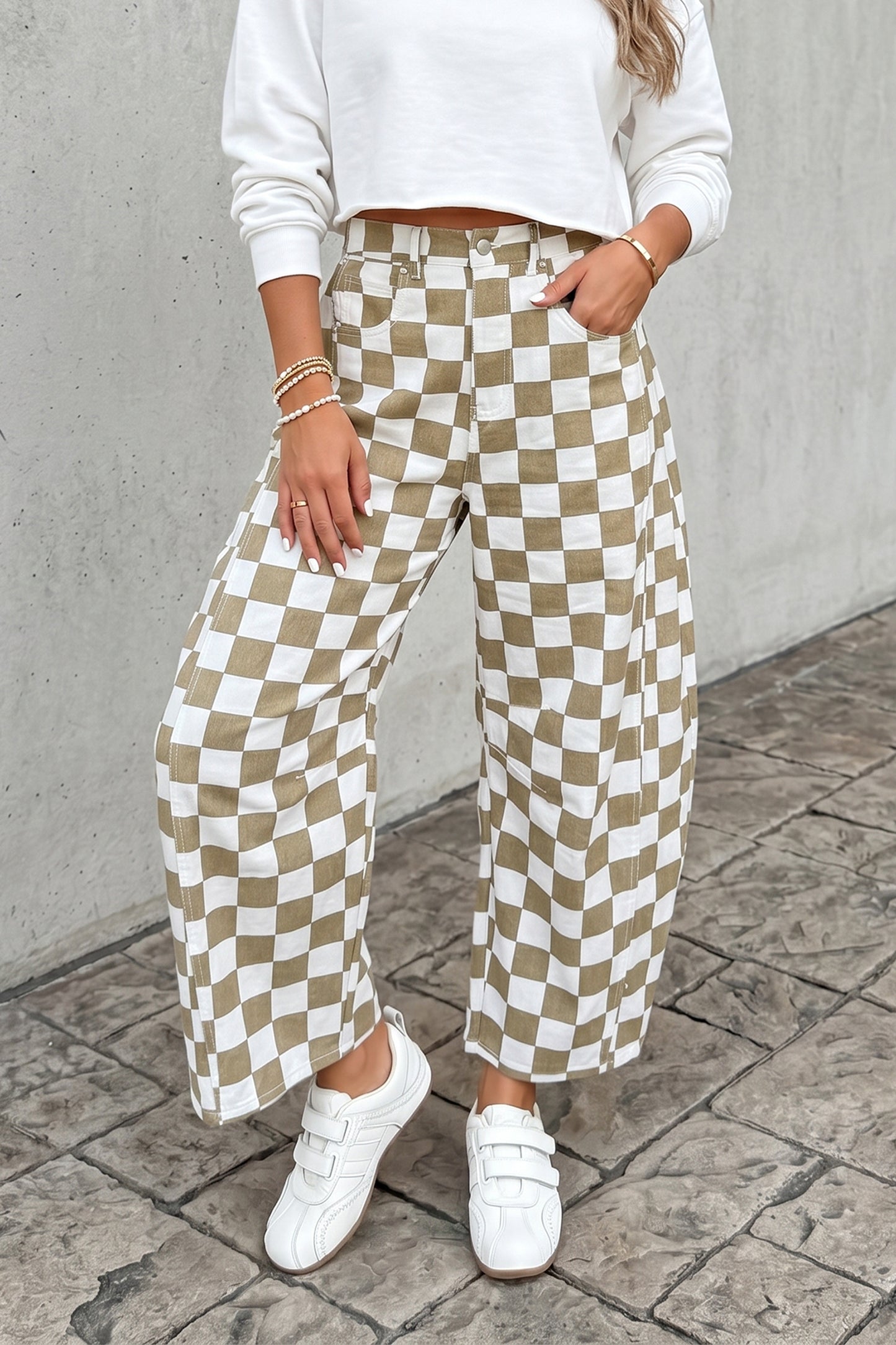 Tan Checkered Print Denim Barrel Pants