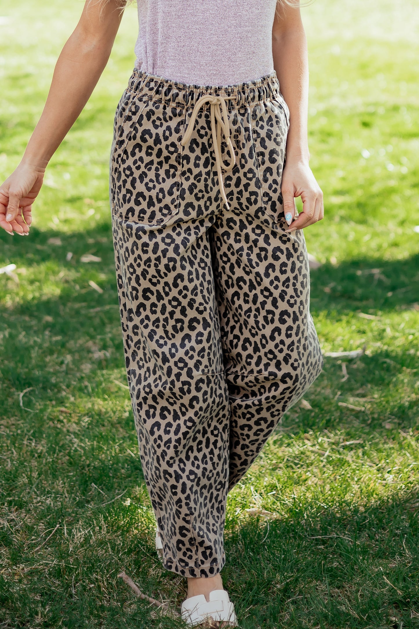 Leopard Print Drawstring Loose Denim Pants