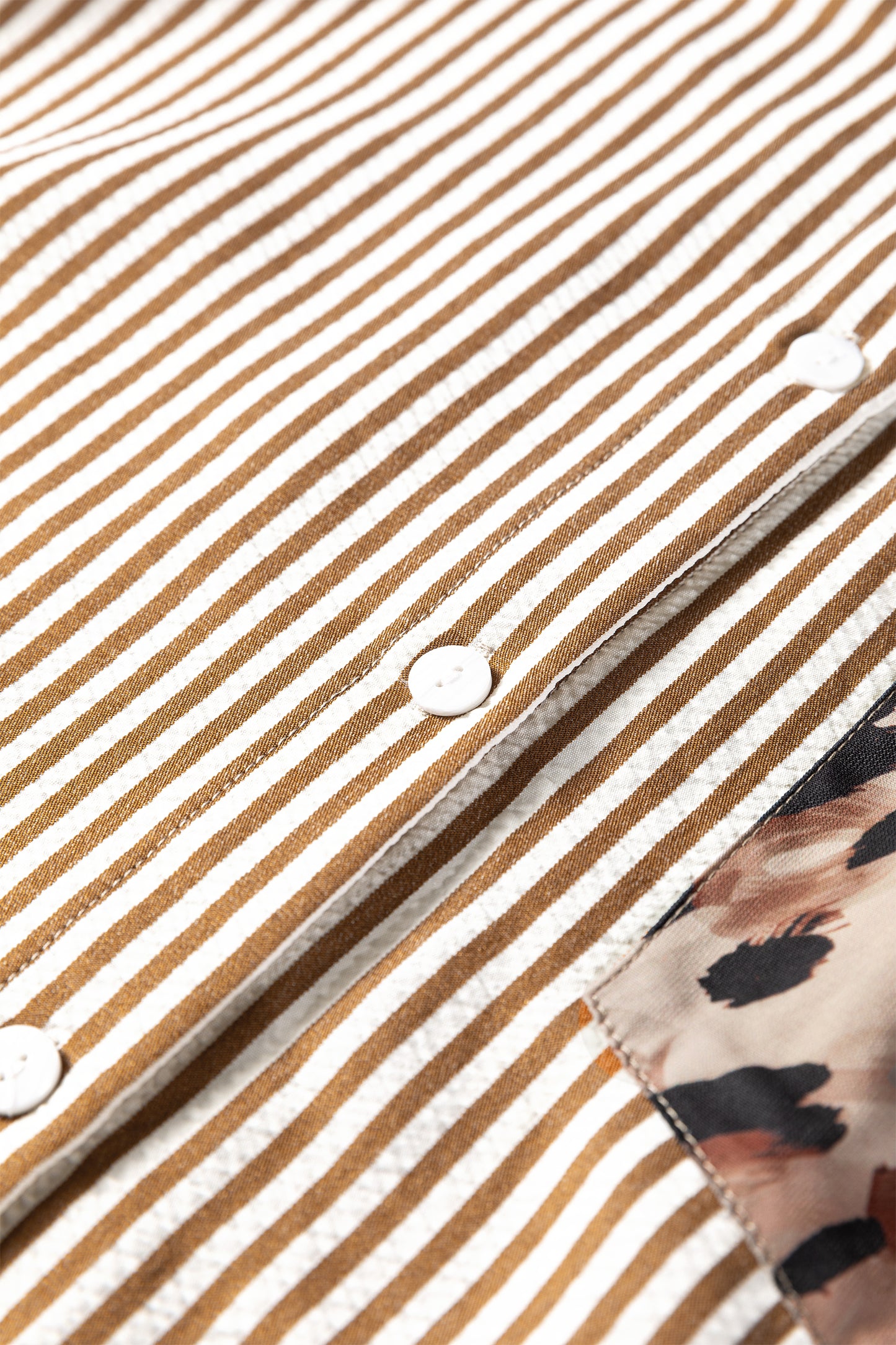 Brown Stripe Leopard Patched Collared Plus Size Shirt